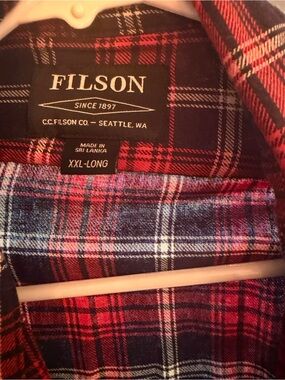 Filson Red and Navy Plaid Button-Down Flannel Shirt